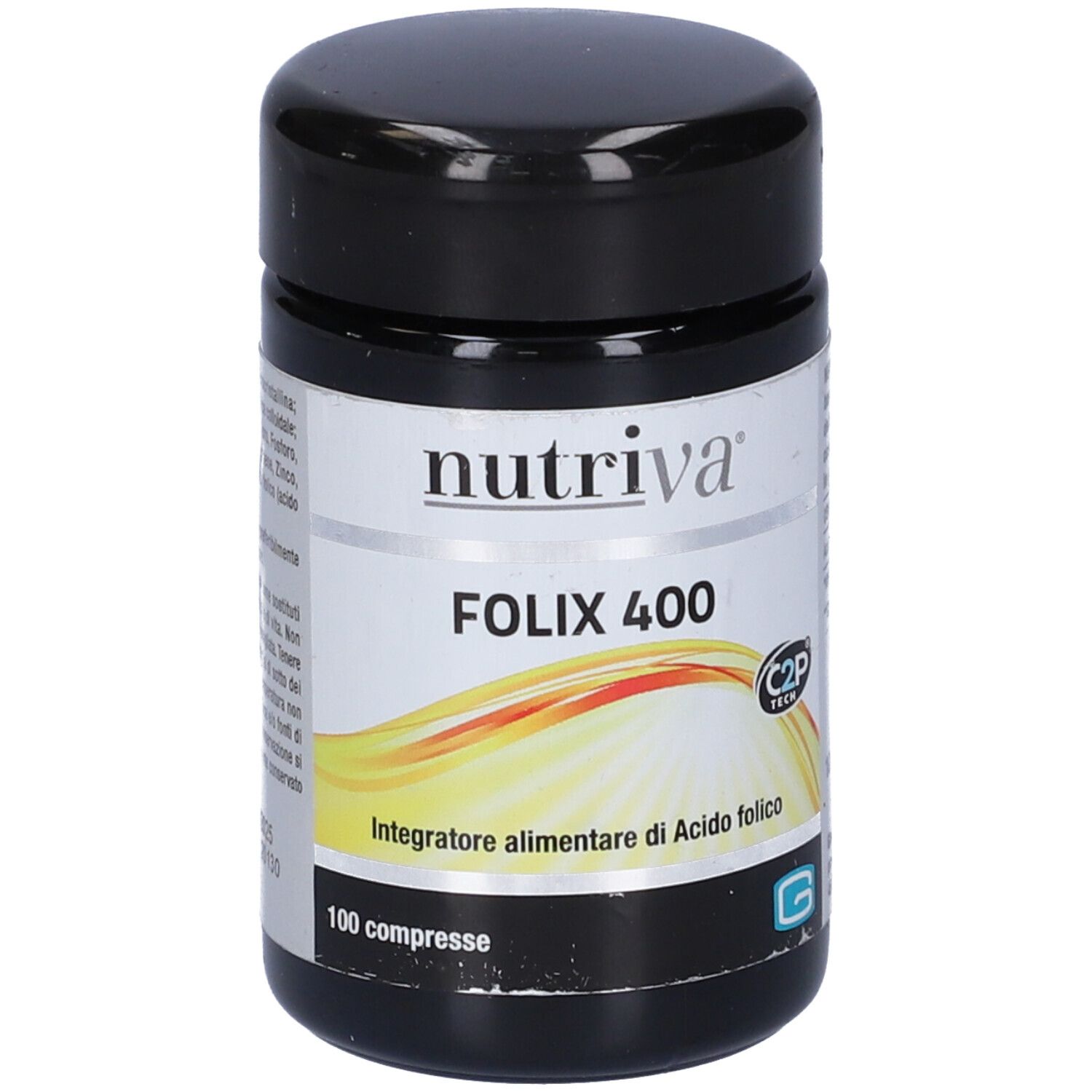 Schwarze Dose mit weißem Etikett. Aufschrift: Nutriva Folix 400, 100 Tabletten. Vegan-Siegel.