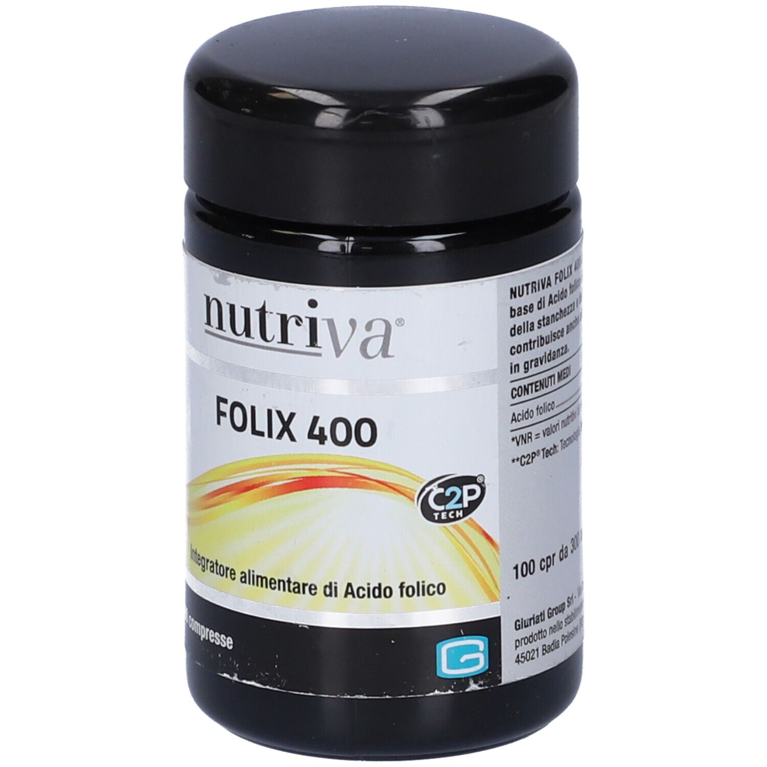 Schwarze Dose mit weißem Etikett. Aufschrift: Nutriva Folix 400, 100 Tabletten. C2P Tech-Logo.