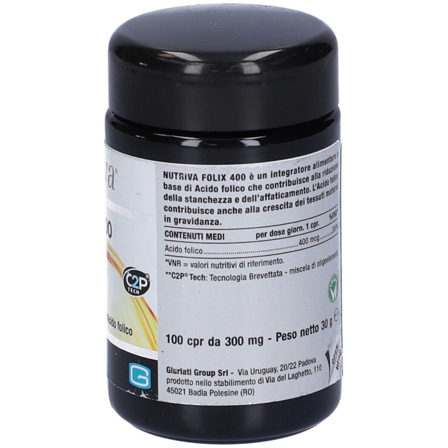 Schwarze Dose mit weißem Etikett. Aufschrift: Nutriva Folix 400, 100 Tabletten. Inhaltsangaben.