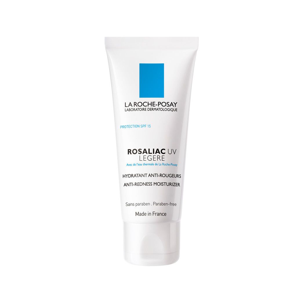 Weiße Tube mit blauem Quadrat und Schriftzug. Produktname: Rosaliac UV Legere. Text: Anti-Rötungen Feuchtigkeitspflege.