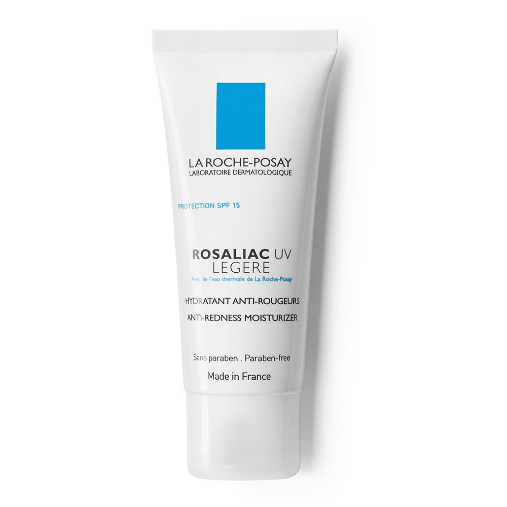 Weiße Tube mit blauem Quadrat und Schriftzug. Produktname: Rosaliac UV Legere. Text: Anti-Rötungen Feuchtigkeitspflege.