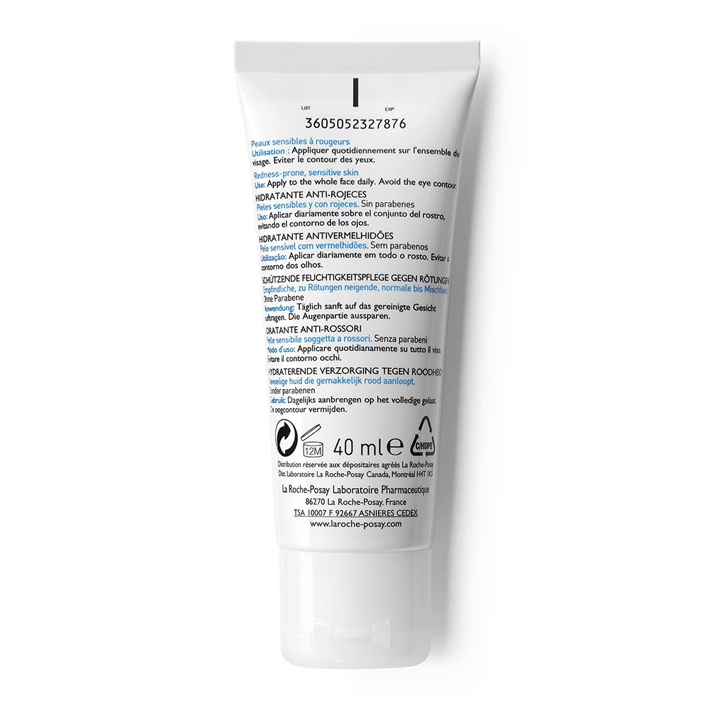 Rückseite einer weißen Tube. Text: Anwendungshinweise in mehreren Sprachen. Volumen: 40 ml.