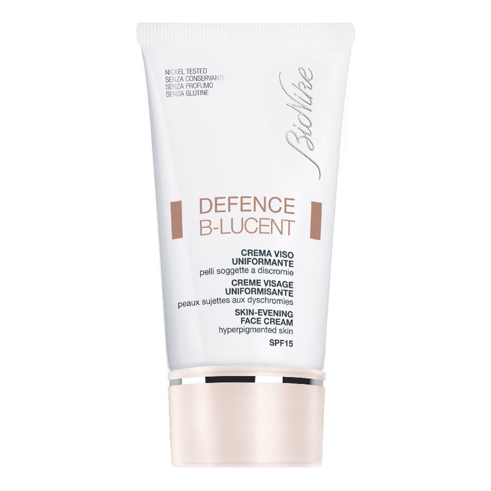 Weiße Tube mit Aufschrift DEFENCE B-LUCENT. Enthält Creme für das Gesicht mit LSF 15. Marke: BioNike.