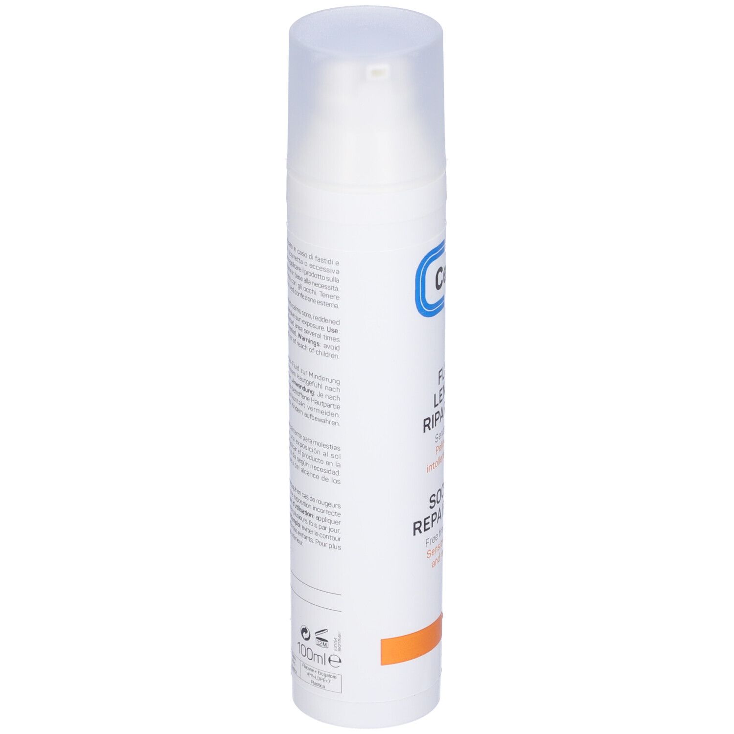 Weiße Flasche mit Pumpverschluss. Produktbezeichnung und Text in italienischer Sprache. Orangefarbener Streifen.