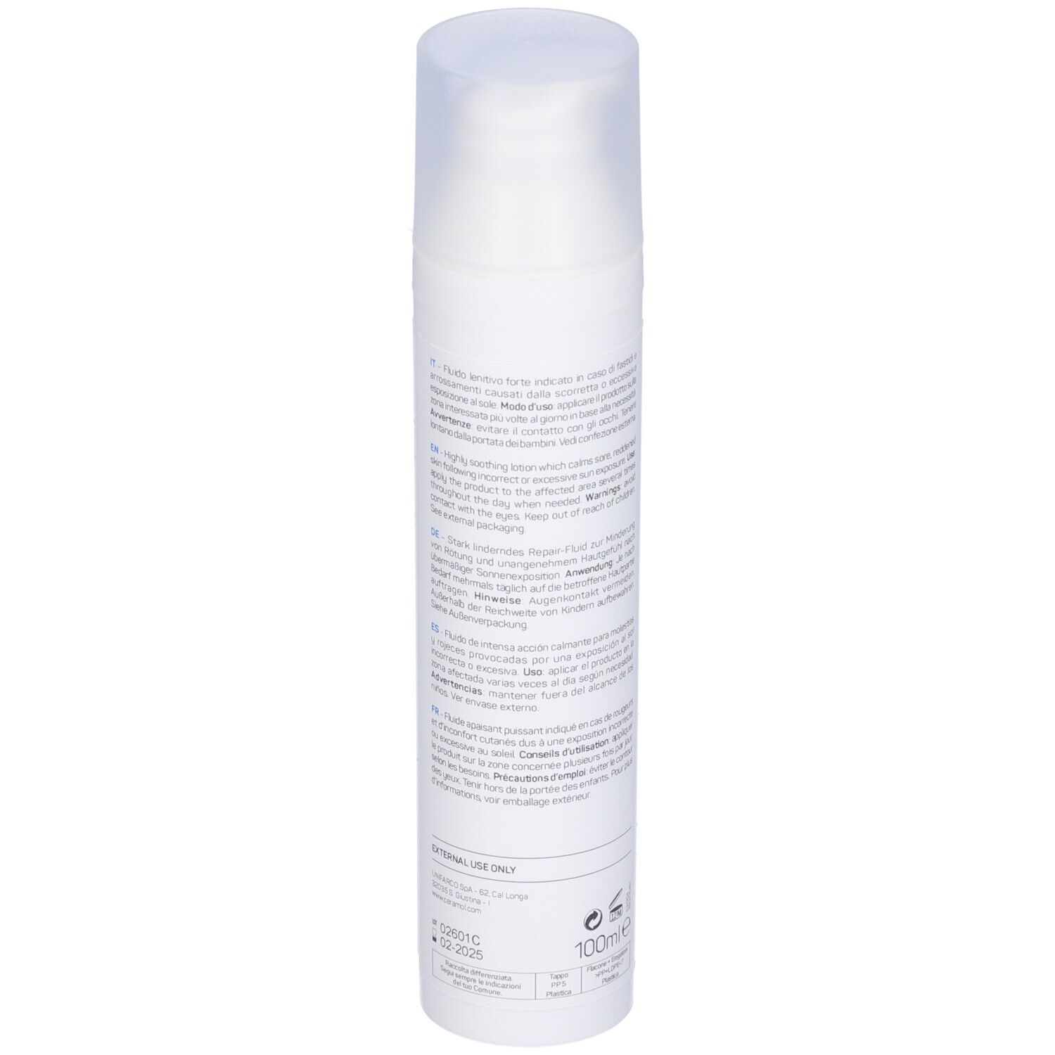 Weiße Flasche mit Pumpverschluss. Text in italienischer Sprache. Aufschrift 100ml.