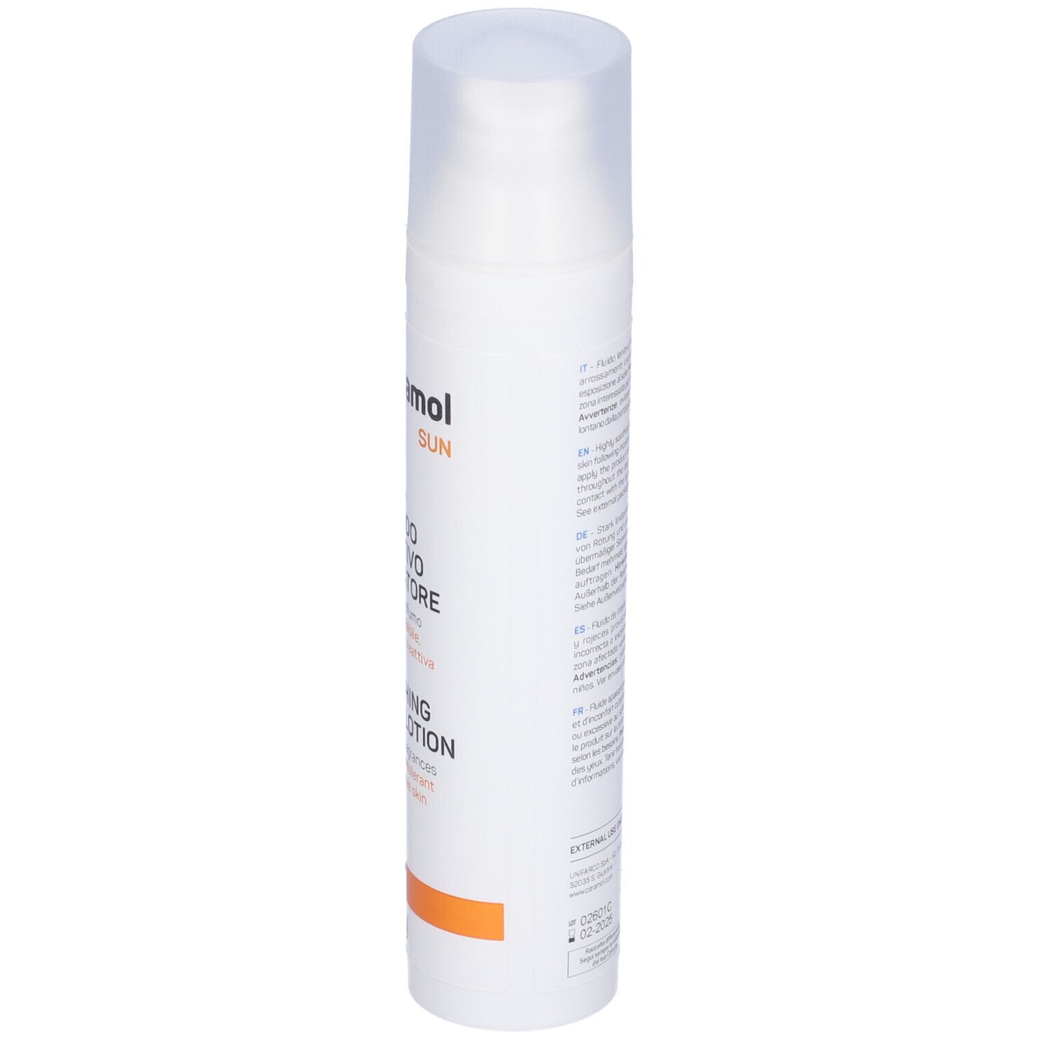 Weiße Flasche mit Pumpverschluss. Produktbezeichnung und Text in italienischer Sprache. Orangefarbener Streifen.