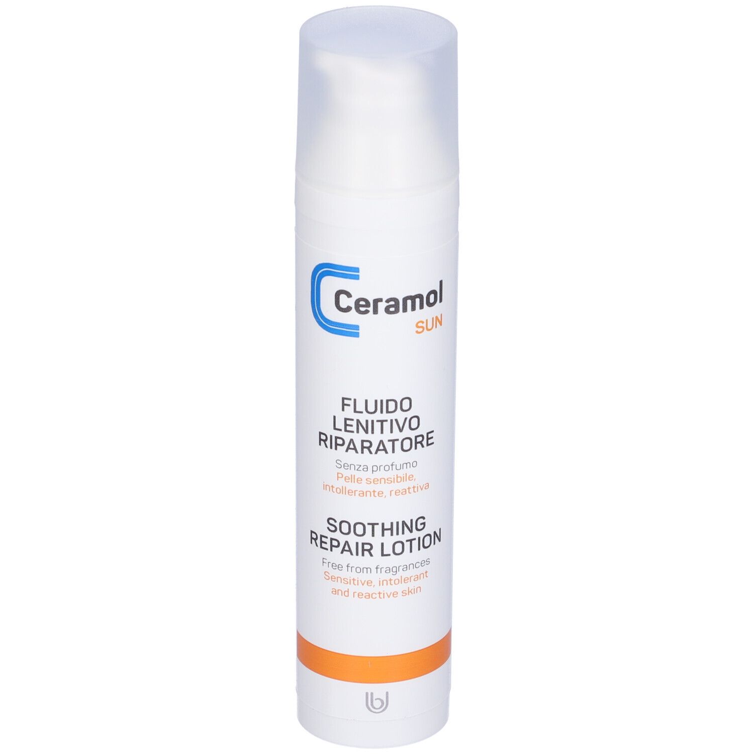 Weiße Flasche mit Pumpverschluss. Produktbezeichnung und Text in italienischer Sprache. Orangefarbener Streifen.