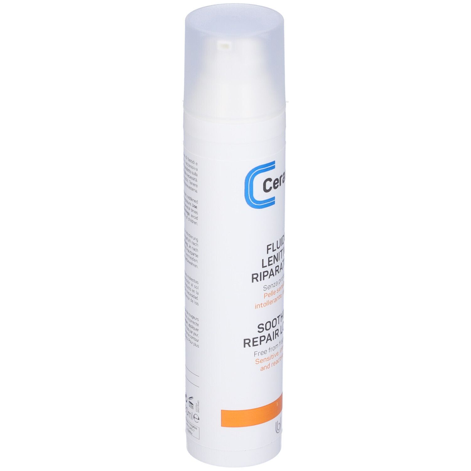 Weiße Flasche mit Pumpverschluss. Produktbezeichnung und Text in italienischer Sprache. Orangefarbener Streifen.