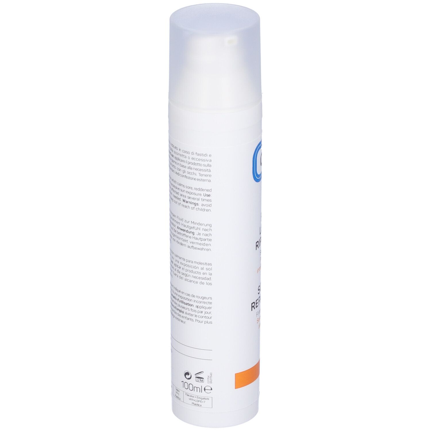 Weiße Flasche mit Pumpverschluss. Text in italienischer Sprache. Aufschrift 100ml.