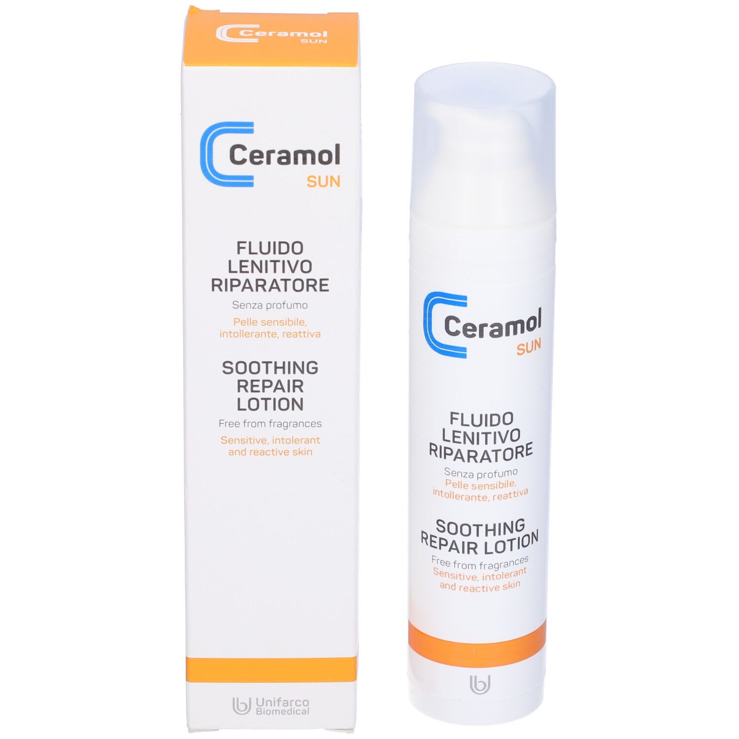 Produkt und Verpackung. Weiße Flasche mit Pumpverschluss und Schachtel. Text in italienischer Sprache.