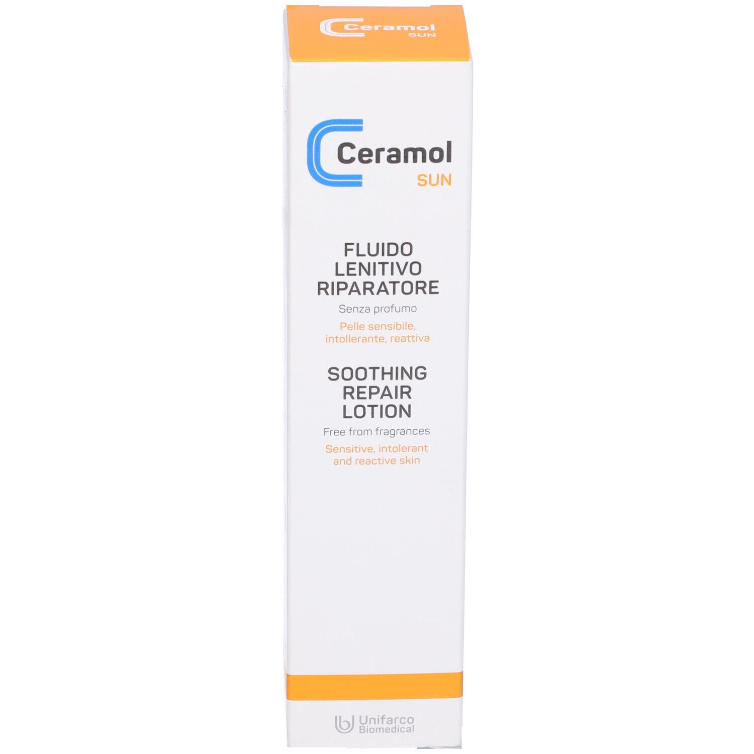 Weiße Schachtel mit Produktnamen Ceramol und Produktbezeichnung. Text in italienischer Sprache. Unifarco Biomedical Logo.