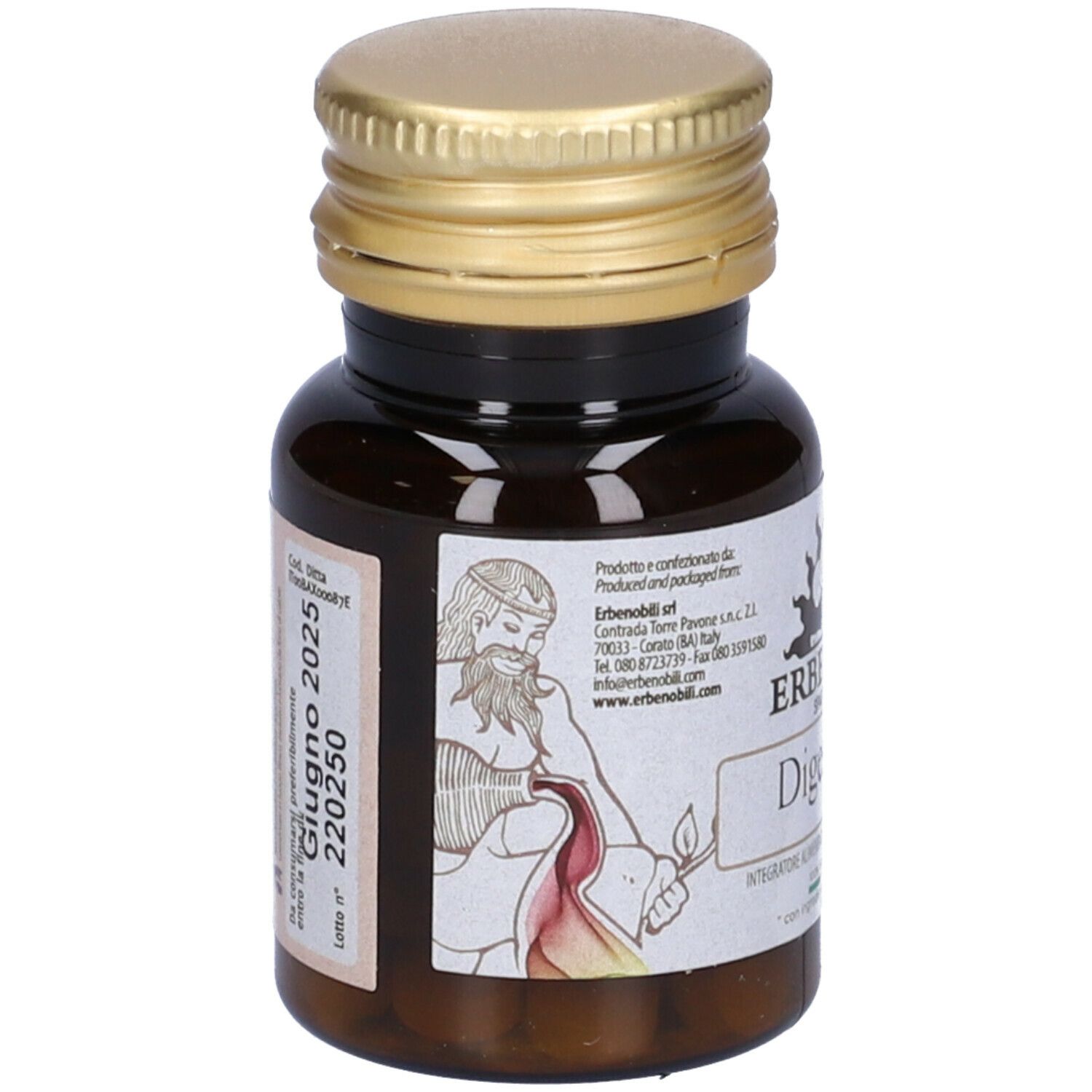 Flacon en verre brun, bouchon doré. Étiquette DigesVin, marque Erbenobili. Comprimés.