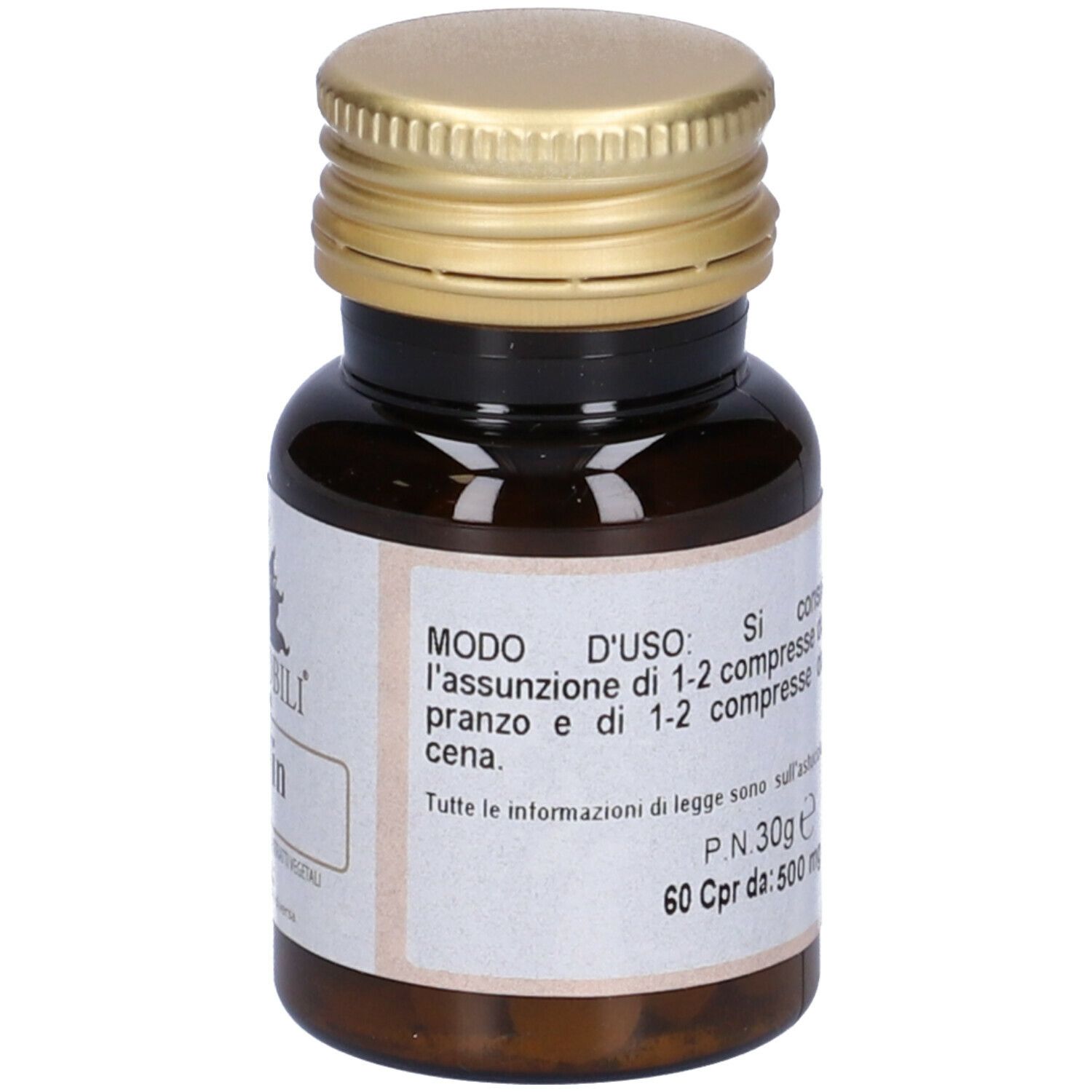 Flacon en verre brun, bouchon doré. Étiquette DigesVin, marque Erbenobili. Comprimés.