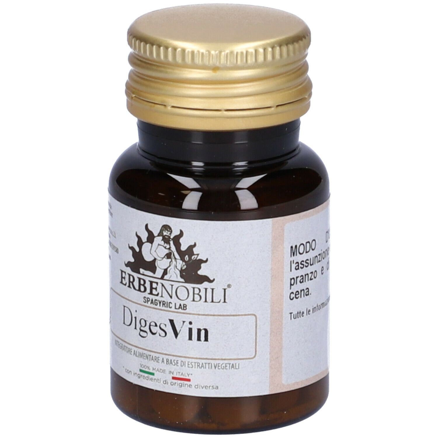 Flacon en verre brun, bouchon doré. Étiquette DigesVin, marque Erbenobili. Comprimés.