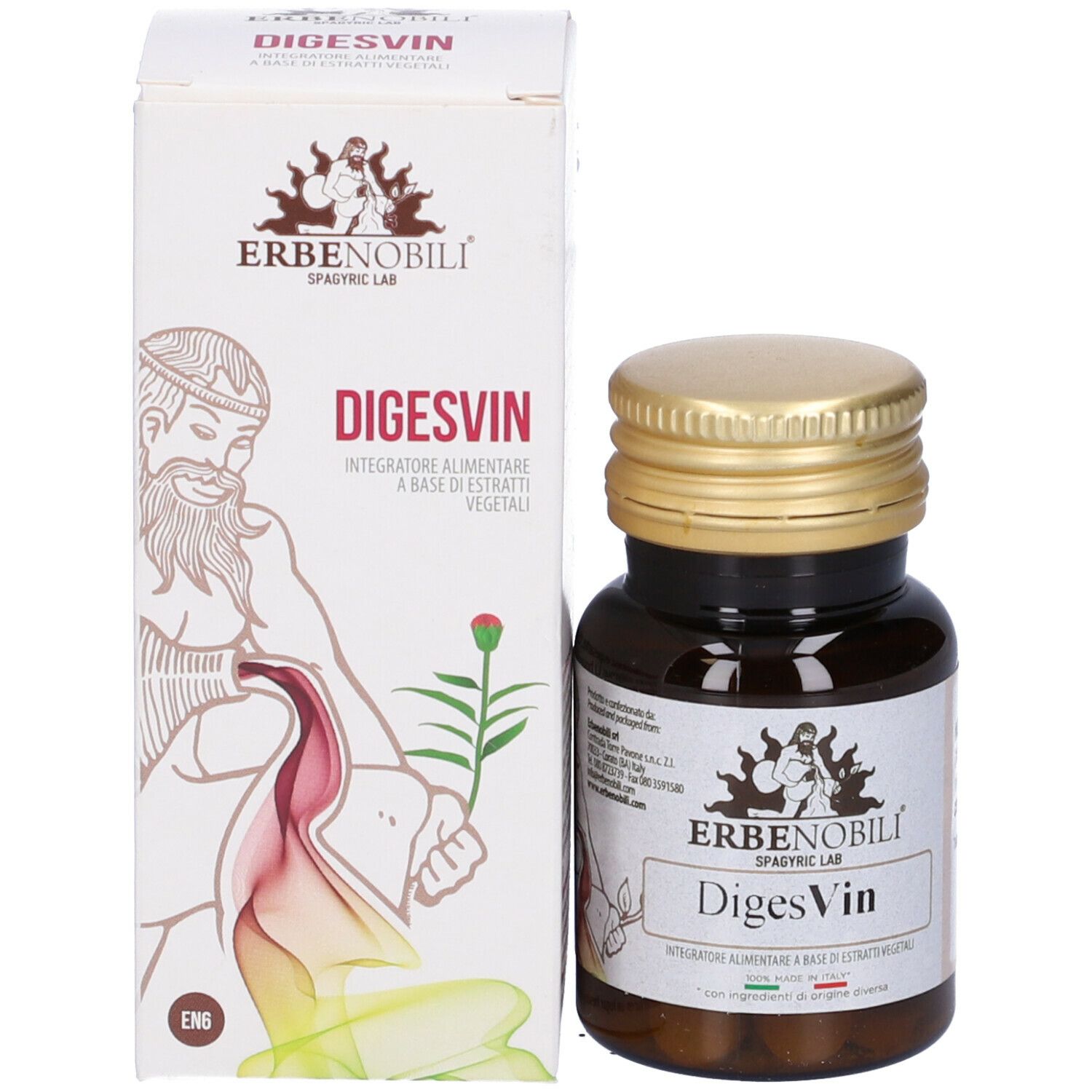 Emballage produit avec flacon et boîte. Flacon bouchon doré, étiquette DigesVin. Boîte marque Erbenobili.
