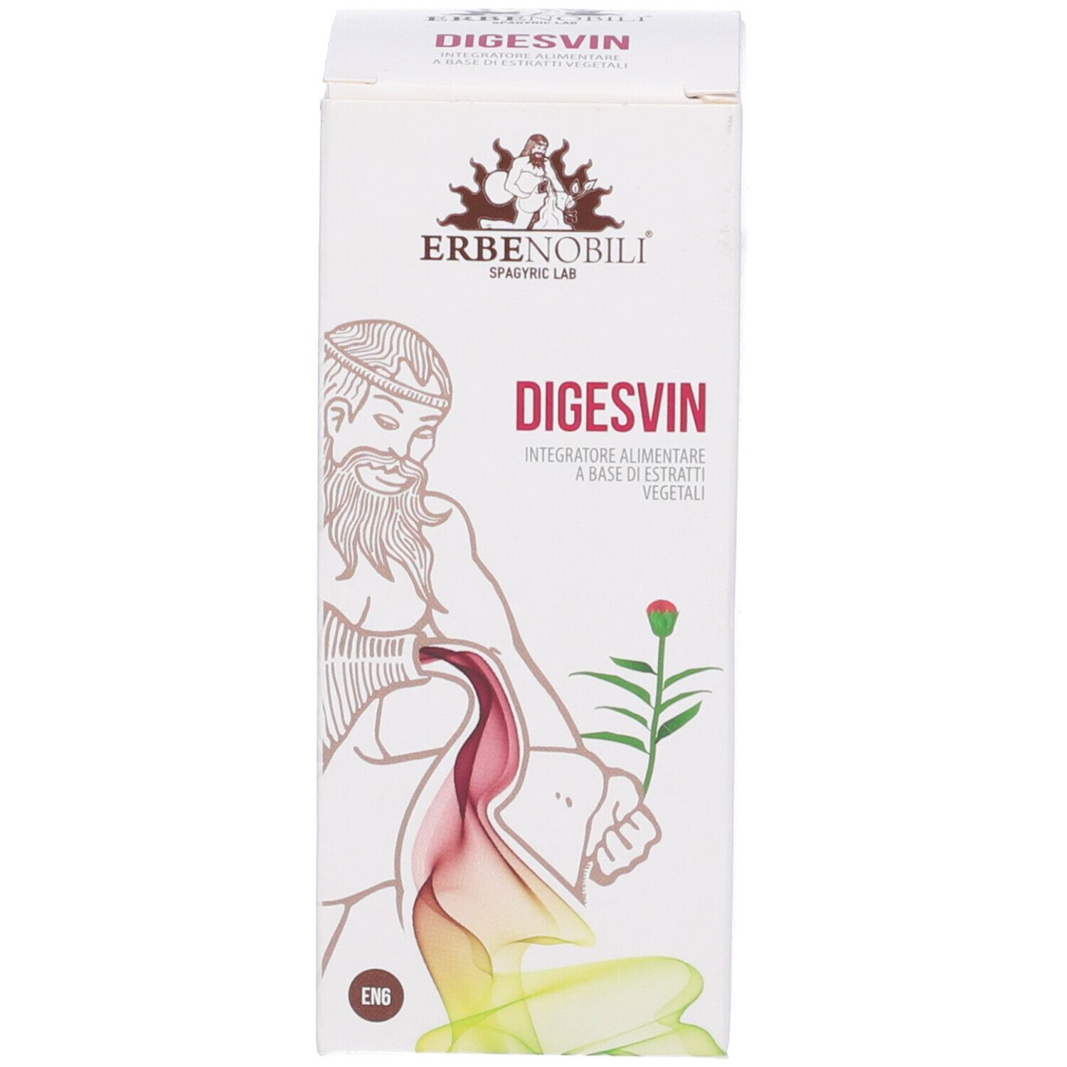 Boîte blanche DigesVin, marque Erbenobili. Illustration d'une personne et de plantes.