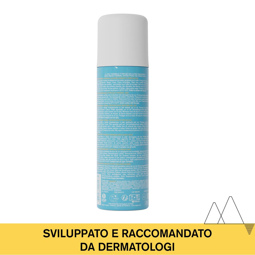 Dos d'un flacon spray bleu. Texte: Développé et recommandé par les dermatologues.