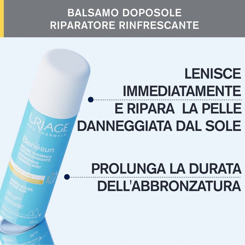Flacon spray bleu. Texte: URIAGE, Bariesun, Après-Soleil. Apaise, répare, prolonge le bronzage.
