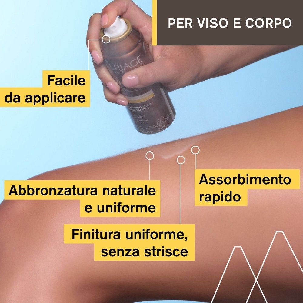 Application d'Uriage Bariésun Autobronzant sur une jambe. Texte: Facile à appliquer, bronzage naturel et uniforme.