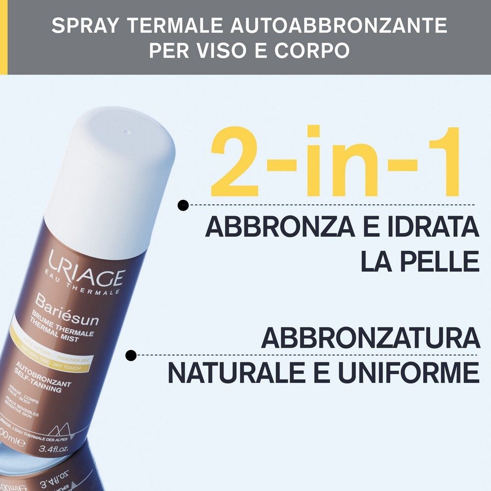 Spray Uriage Bariésun Autobronzant. Texte: 2-en-1, bronze et hydrate la peau, bronzage naturel et uniforme.