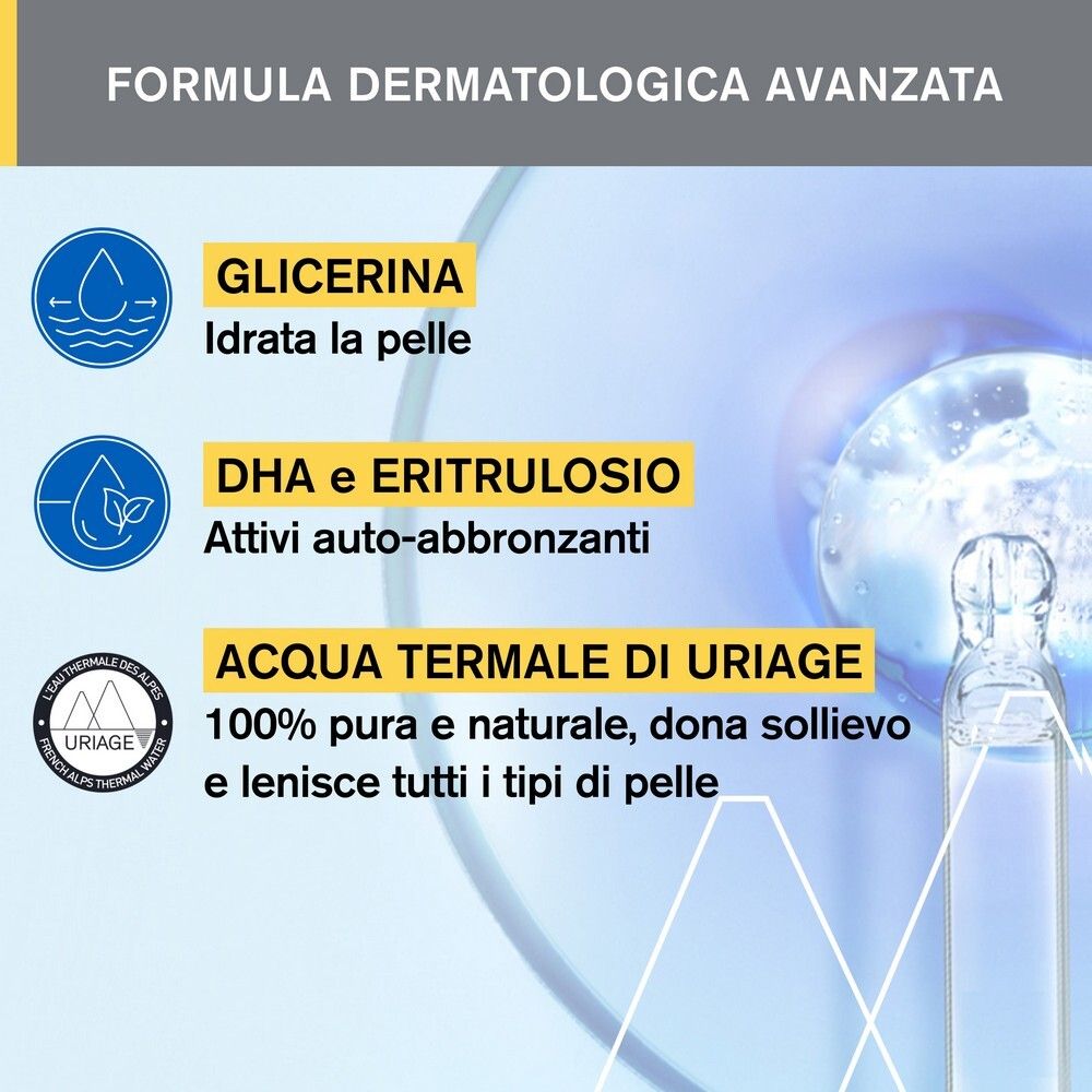 Ingrédients de l'Uriage Bariésun Autobronzant. Texte: Glycérine, DHA et érythrulose, Eau Thermale d'Uriage.