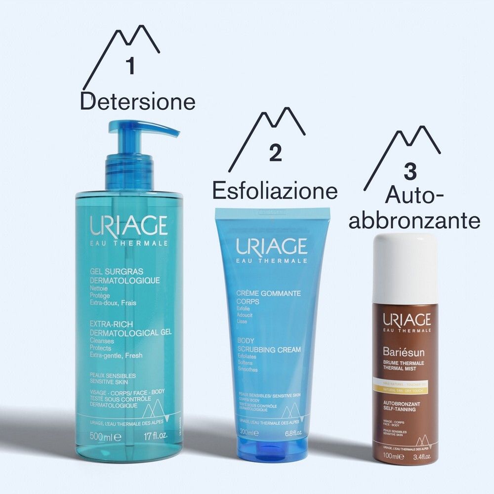 Gamme de produits Uriage. Produits: Nettoyage, Exfoliation, Autobronzant. Uriage Gel Surgras, Crème Gommante Corps, Bariésun.