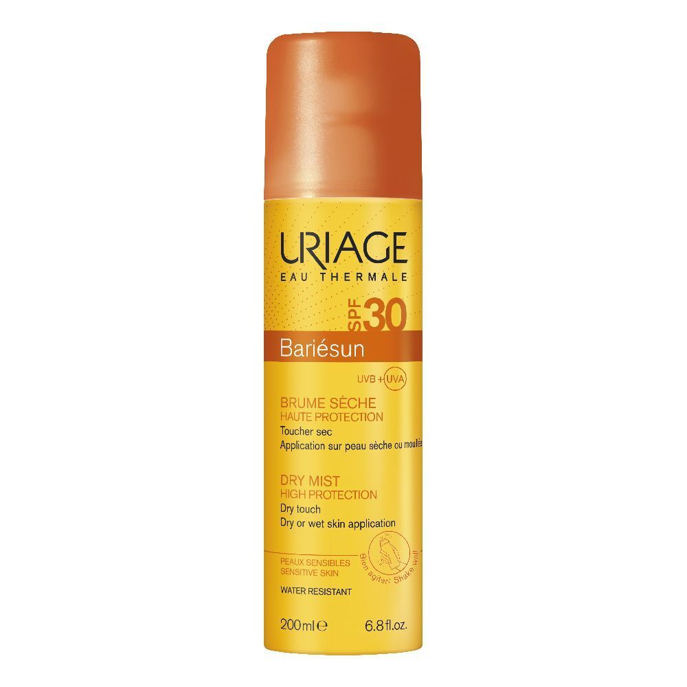 Flacon spray jaune avec bouchon orange. Inscriptions: URIAGE, SPF 30, Bariésun. Brume sèche, haute protection.