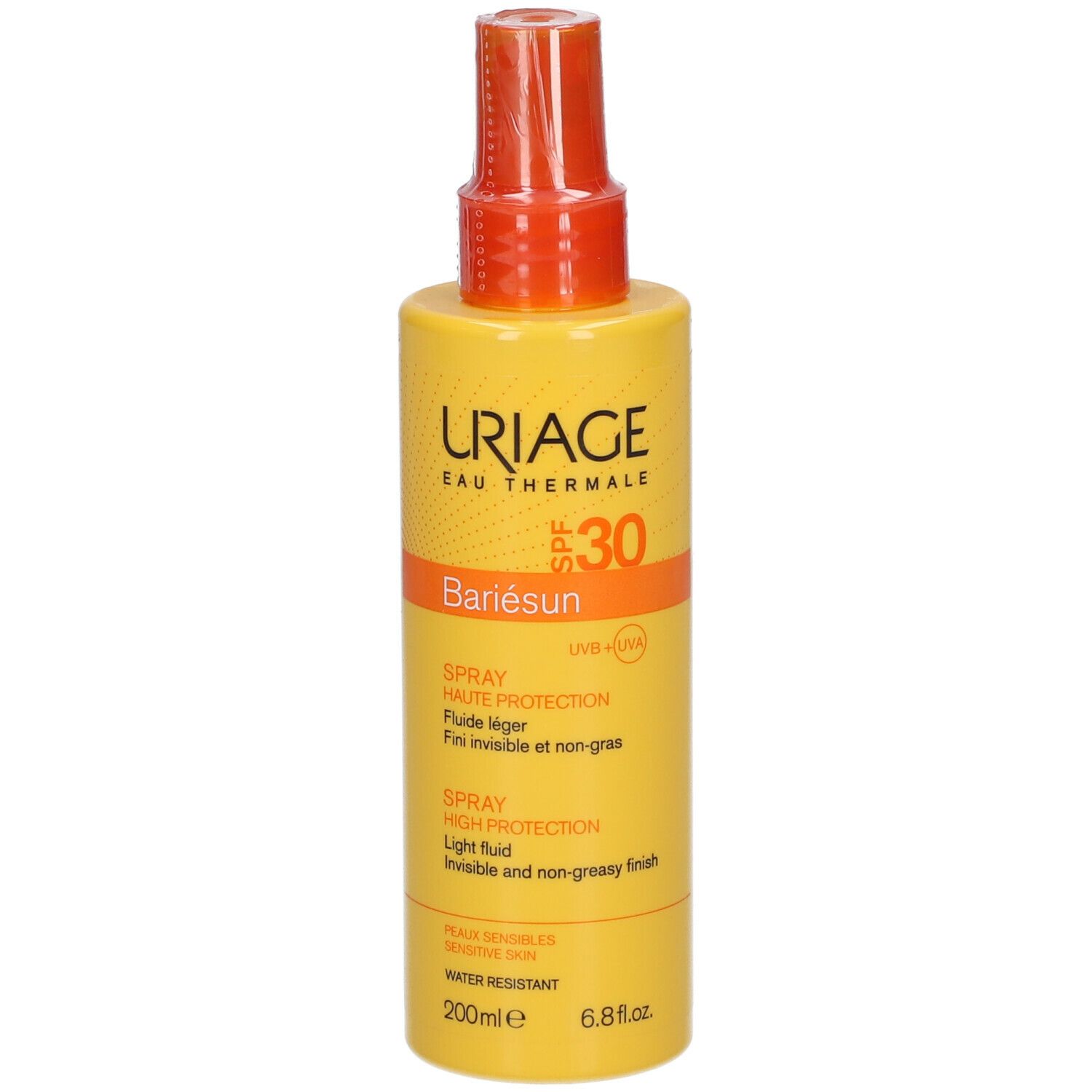 Flacon spray jaune avec vaporisateur orange. Inscriptions: URIAGE, SPF 30, Bariésun. Spray, haute protection, fluide léger.