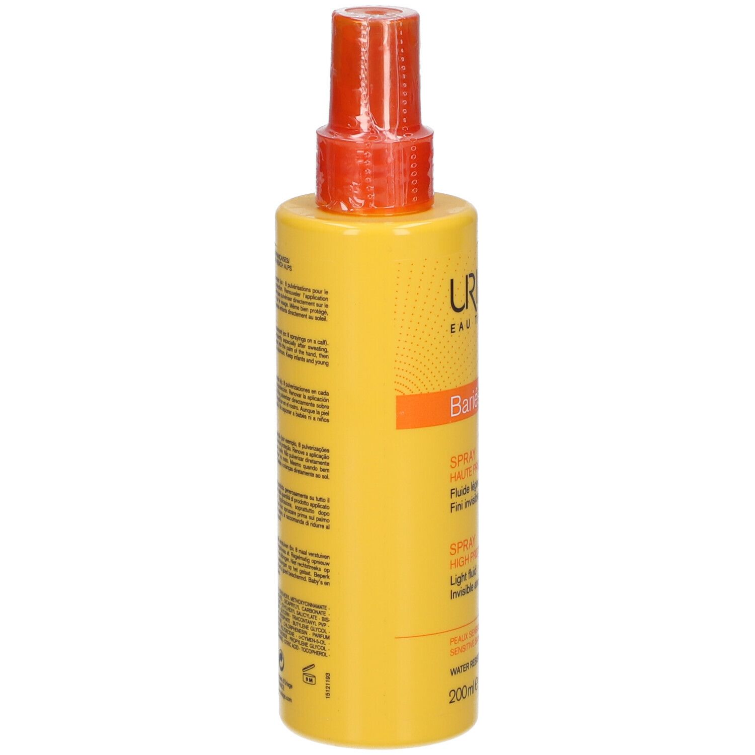 Flacon spray jaune avec vaporisateur orange. Dos avec texte. Inscriptions: Bariésun, spray, haute protection, fluide léger.