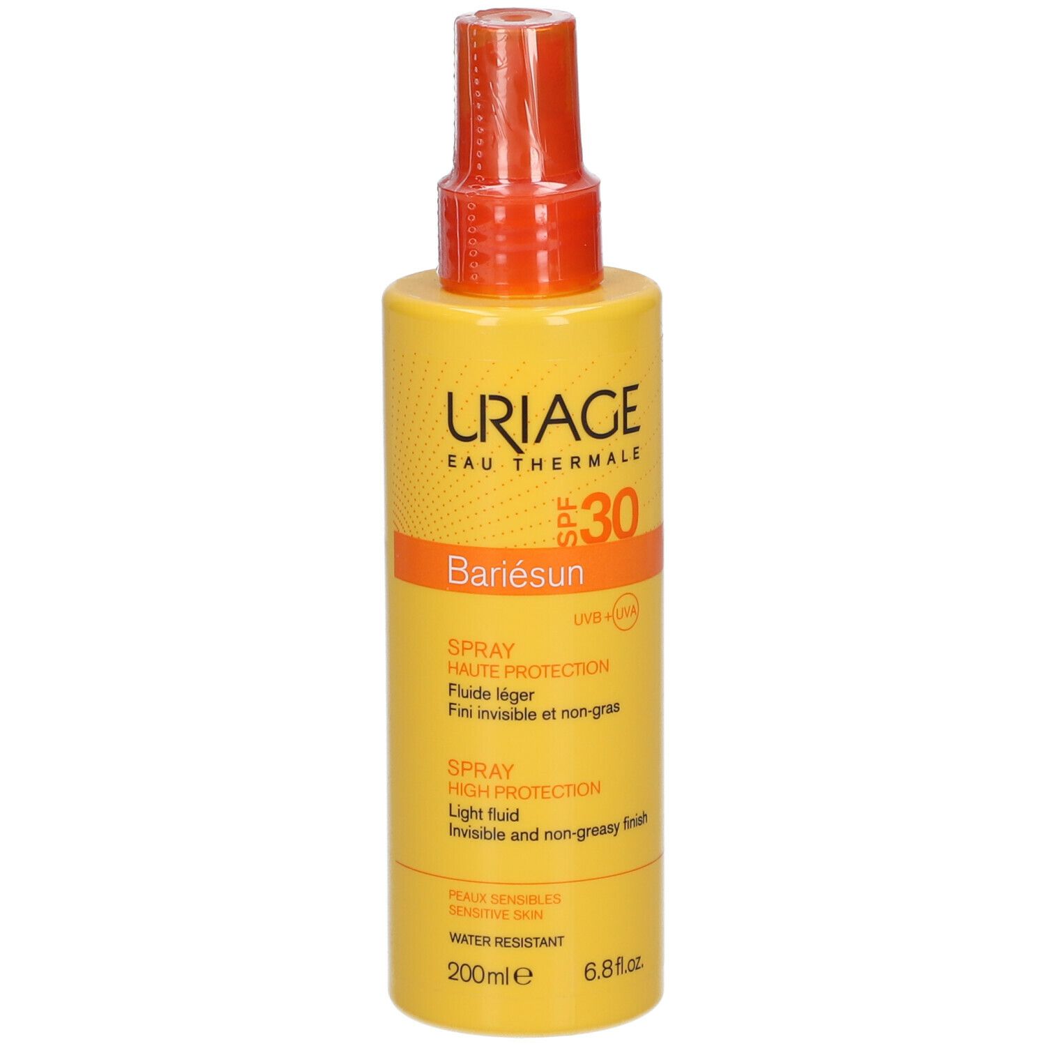 Flacon spray jaune avec vaporisateur orange. Inscriptions: URIAGE, SPF 30, Bariésun. Spray, haute protection, fluide léger.