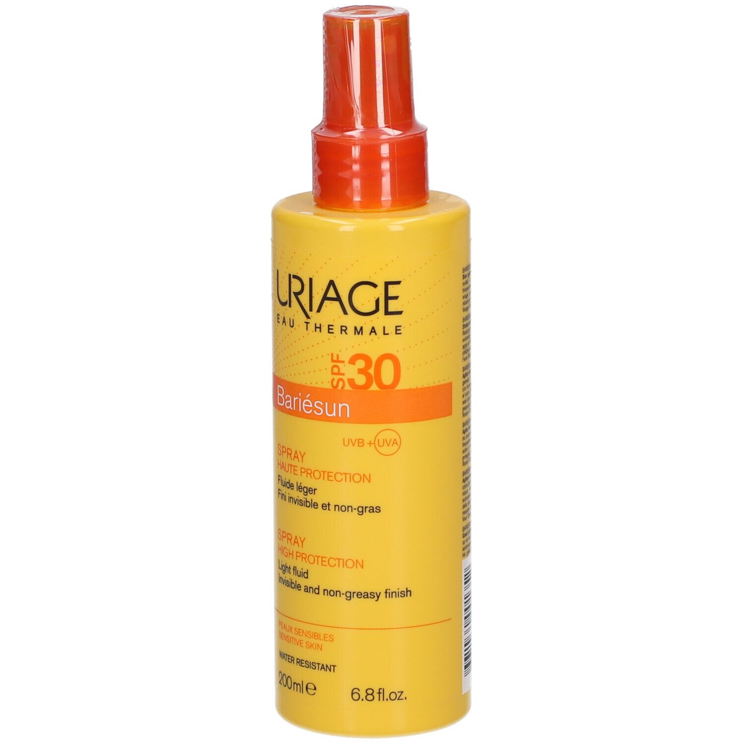 Flacon spray jaune avec vaporisateur orange. Inscriptions: URIAGE, SPF 30, Bariésun. Spray, haute protection, fluide léger.