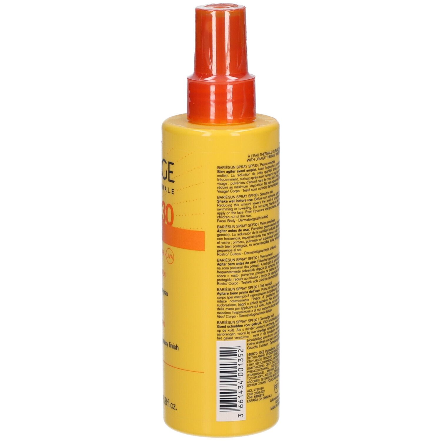 Flacon spray jaune avec vaporisateur orange. Dos avec texte. Inscriptions: URIAGE, SPF 30, Bariésun. Spray, haute protection.