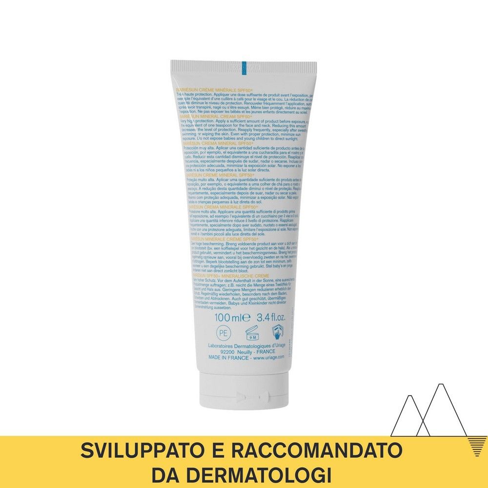 Dos du tube Uriage Bariésun Crème Minérale SPF50. Texte multilingue. 100ml.