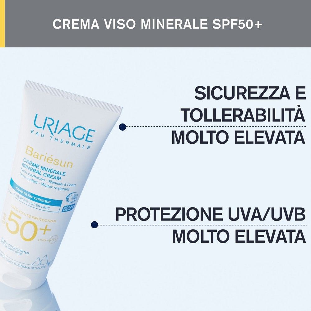 Uriage Bariésun Crème Minérale SPF50. Texte : Haute protection, protection UVA/UVB. Sécurité et tolérance.