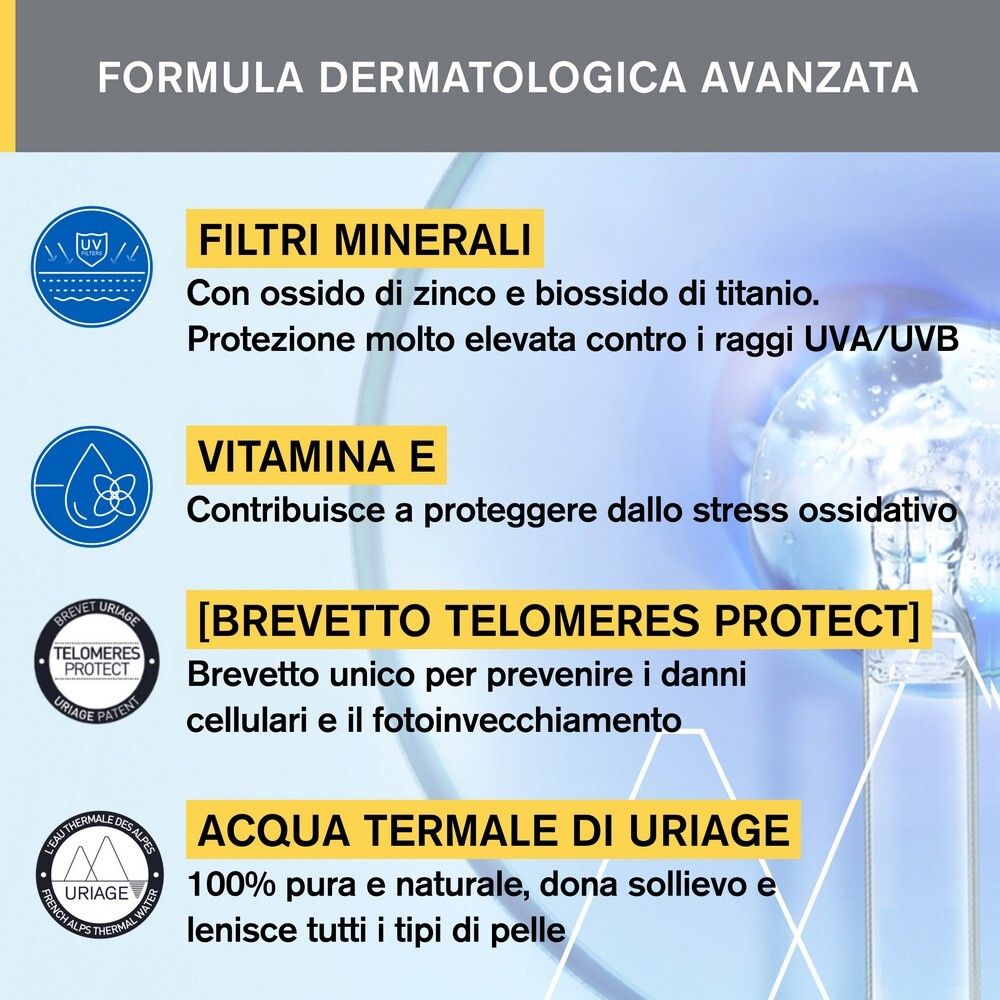 Uriage Bariésun Crème Minérale SPF50. Texte : Filtres minéraux, vitamine E, Telomeres Protect, Eau Thermale Uriage.