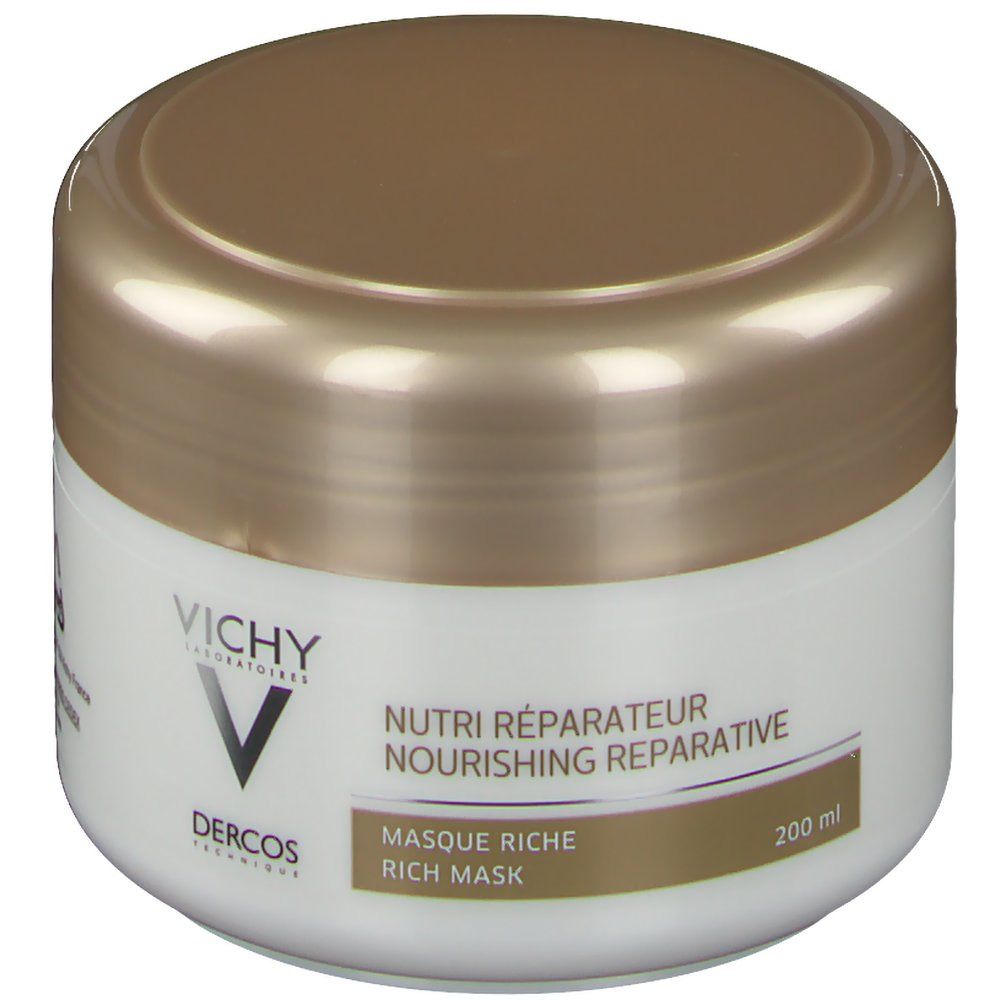 Pot blanc avec couvercle doré. Inscription: Vichy, Dercos, Nutri Réparateur, Masque Riche, 200 ml.