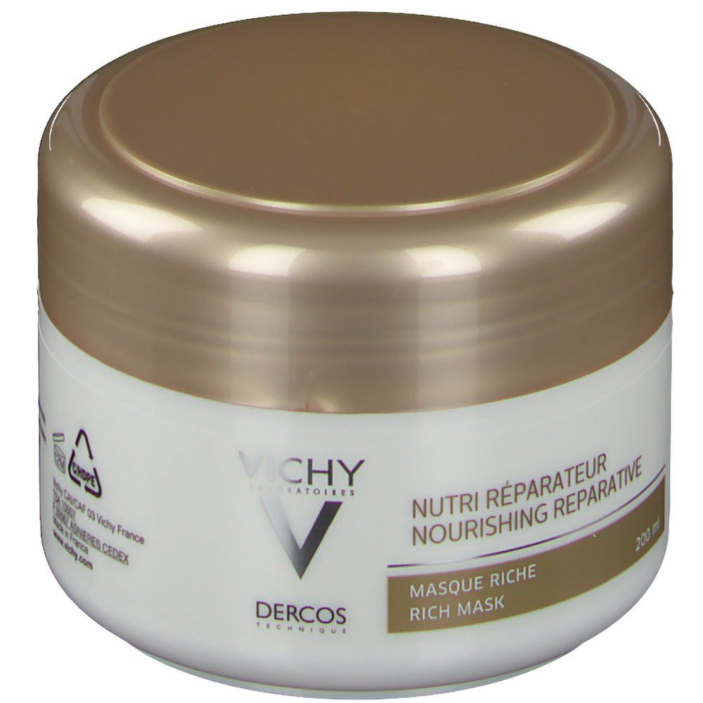 Pot blanc avec couvercle doré. Inscription: Vichy, Dercos, Nutri Réparateur, Masque Riche, 200 ml.