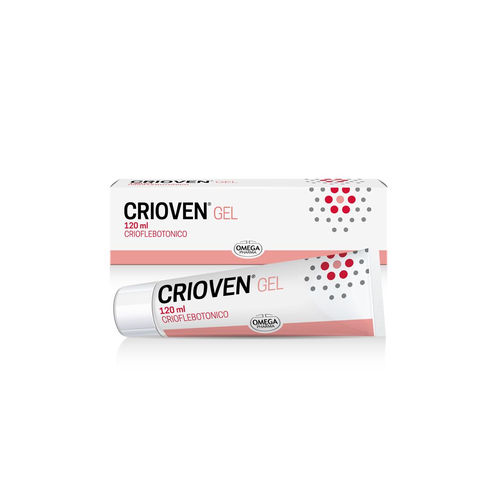 Tube et boîte Crioven Gel, 120 ml. Logo Omega. Emballage rose et blanc. Texte en italien.