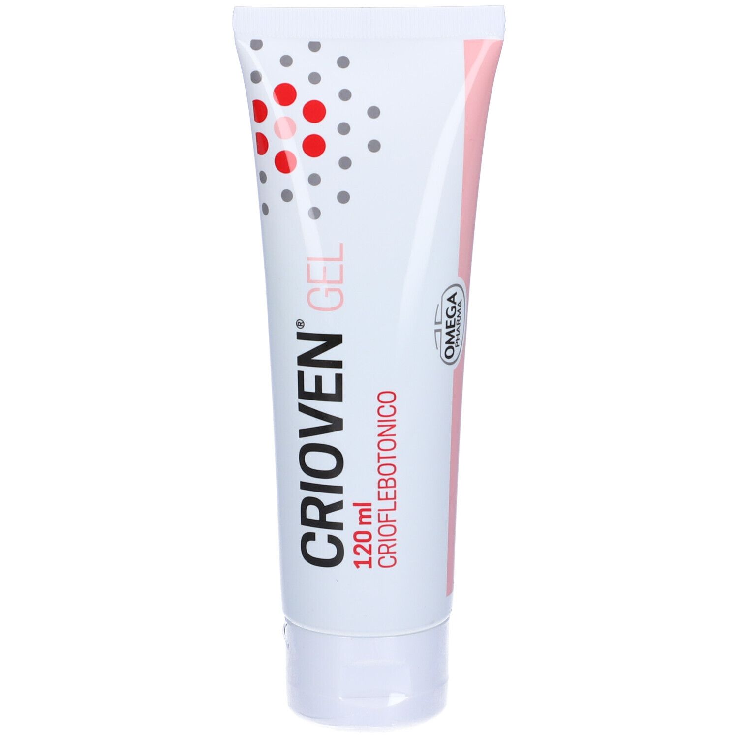 Tube Crioven Gel, 120 ml. Logo Omega. Emballage rose et blanc. Texte en italien.