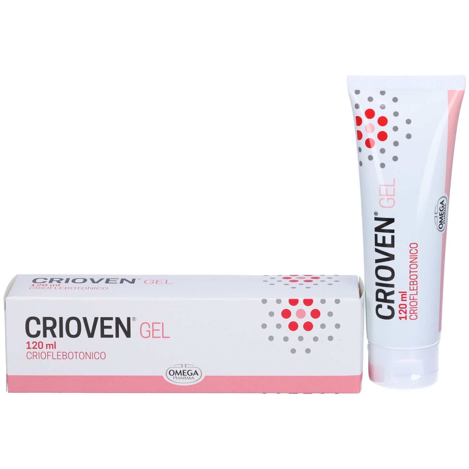 Tube et boîte Crioven Gel, 120 ml. Logo Omega. Emballage rose et blanc. Texte en italien.