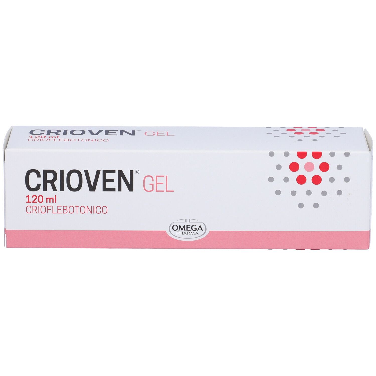 Boîte Crioven Gel, 120 ml. Logo Omega. Emballage rose et blanc. Texte en italien.