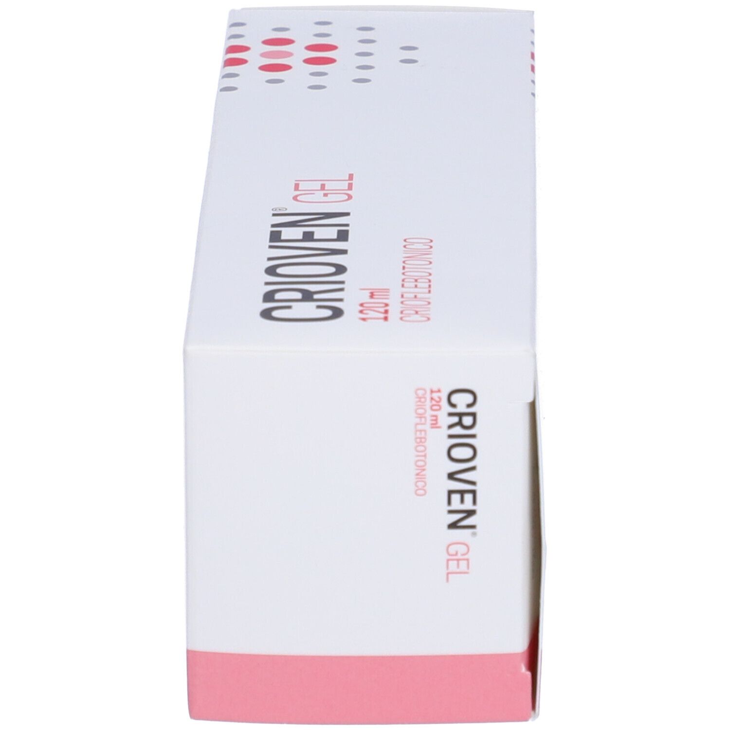 Vue latérale de la boîte Crioven Gel, 120 ml. Texte en italien. Emballage rose et blanc.
