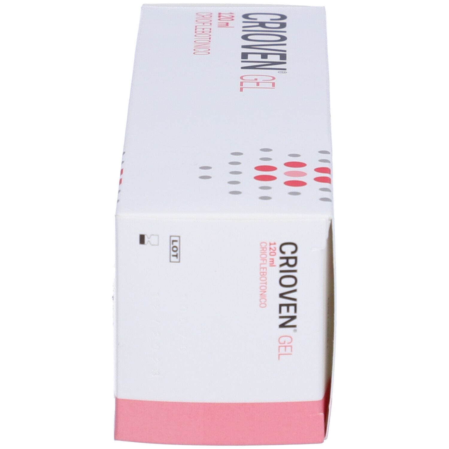 Vue latérale de la boîte Crioven Gel, 120 ml. Texte en italien. Emballage rose et blanc.