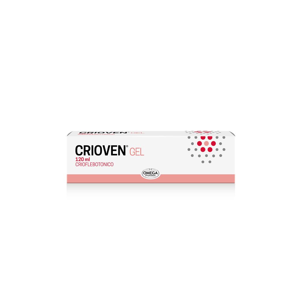 Boîte Crioven Gel, 120 ml. Logo Omega. Emballage rose et blanc. Texte en italien.