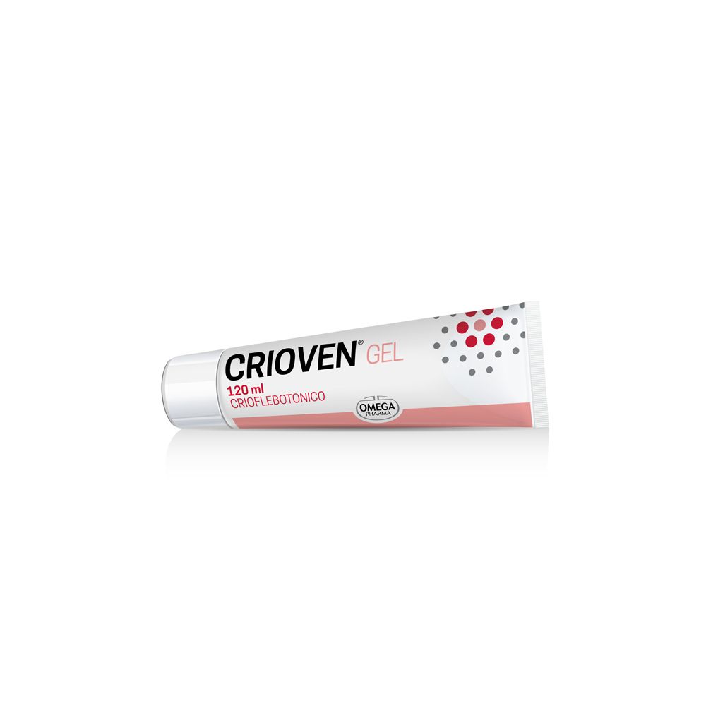 Tube Crioven Gel, 120 ml. Logo Omega. Emballage rose et blanc. Texte en italien.