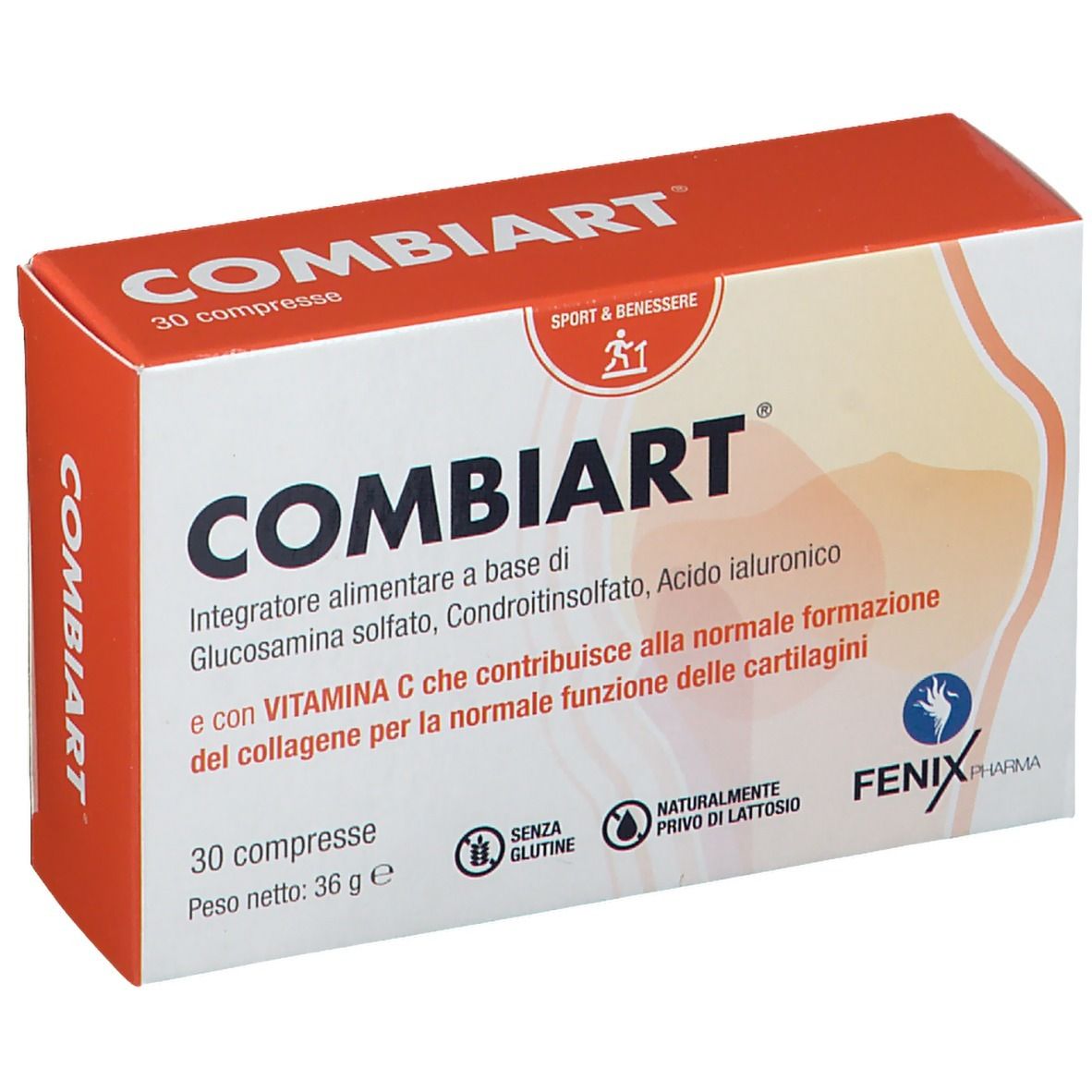 Boîte COMBIART. Emballage rouge et blanc. Contient 30 comprimés. Texte : 'Sport & Benessere'.