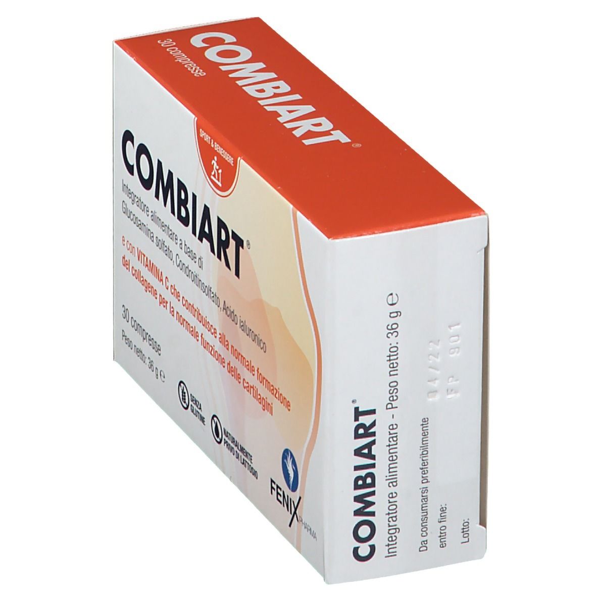 Boîte COMBIART, en biais. Emballage rouge et blanc. Contient 30 comprimés. Texte : 'Sport & Benessere'.