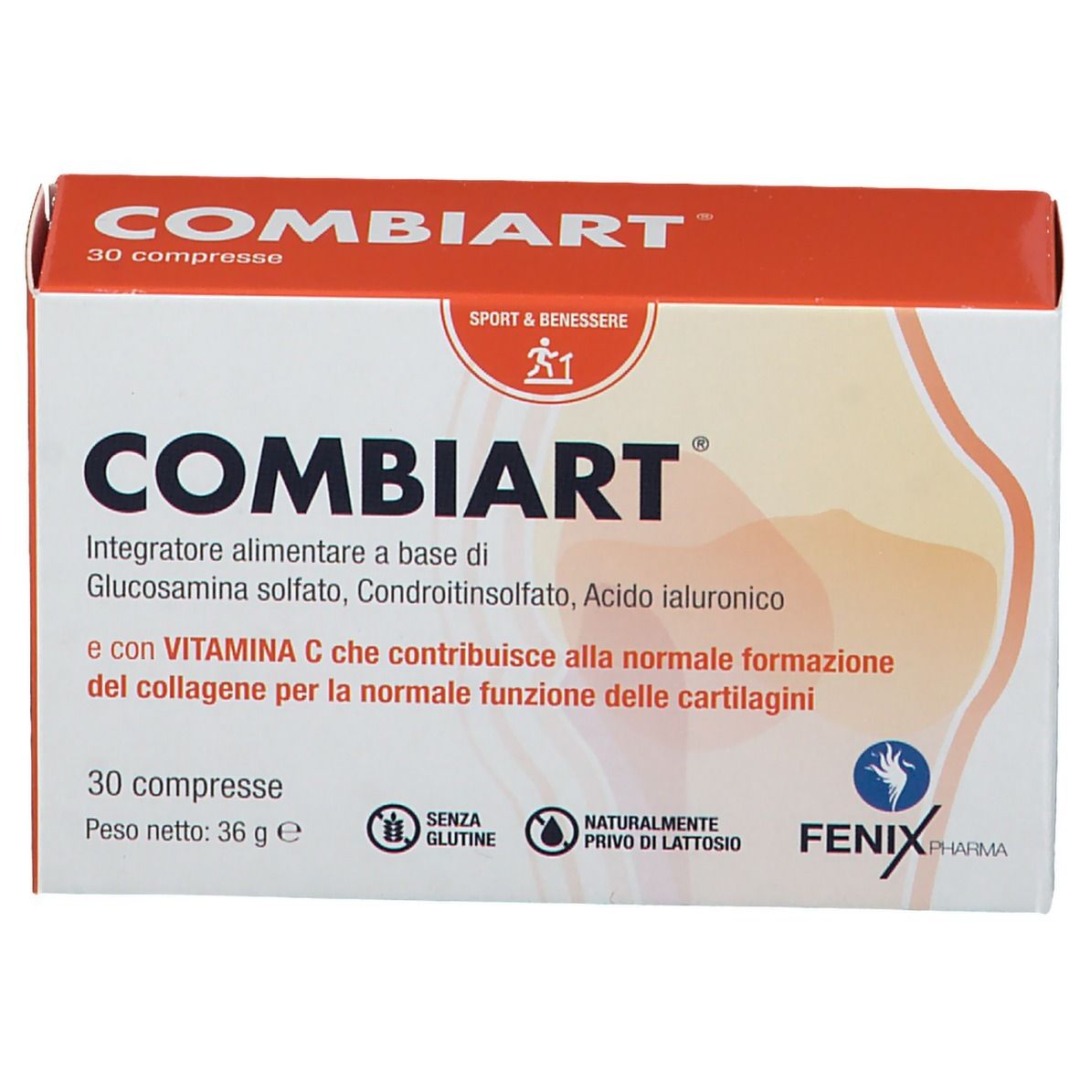 Boîte COMBIART. Emballage rouge et blanc. Contient 30 comprimés. Texte : 'Sport & Benessere'. Sans gluten et sans lactose.