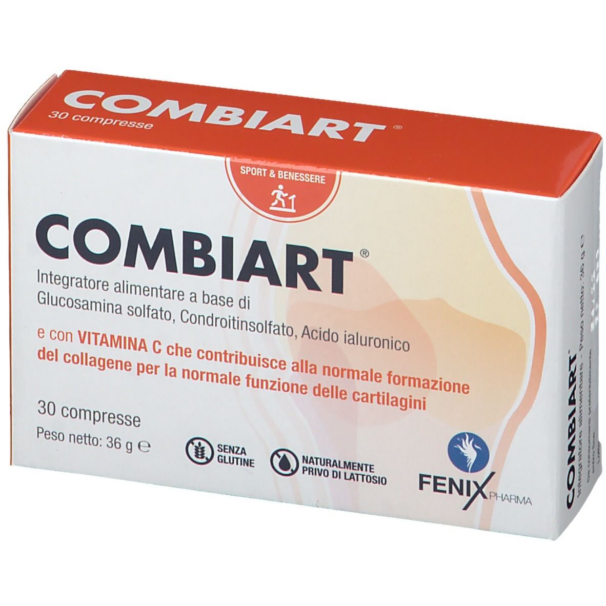 Boîte COMBIART. Emballage rouge et blanc. Contient 30 comprimés. Texte : 'Sport & Benessere'. Sans gluten et sans lactose.