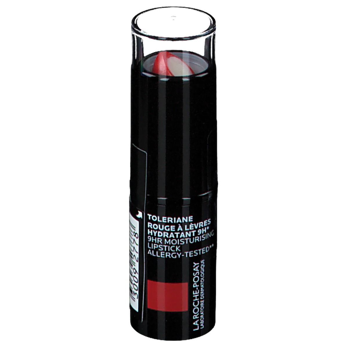 Roter Lippenstift in schwarzer Hülse mit transparenter Kappe. Aufschrift: Toleriane, Rouge à Lèvres, 9H Moisturising, Allergy-Tested.